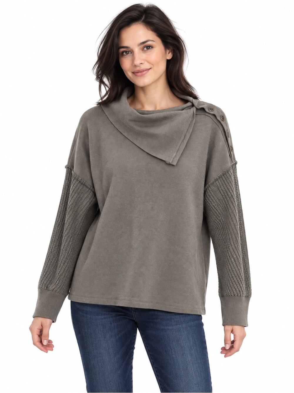 POL Olive Cowl-Neck Sweater with Button Shoulder